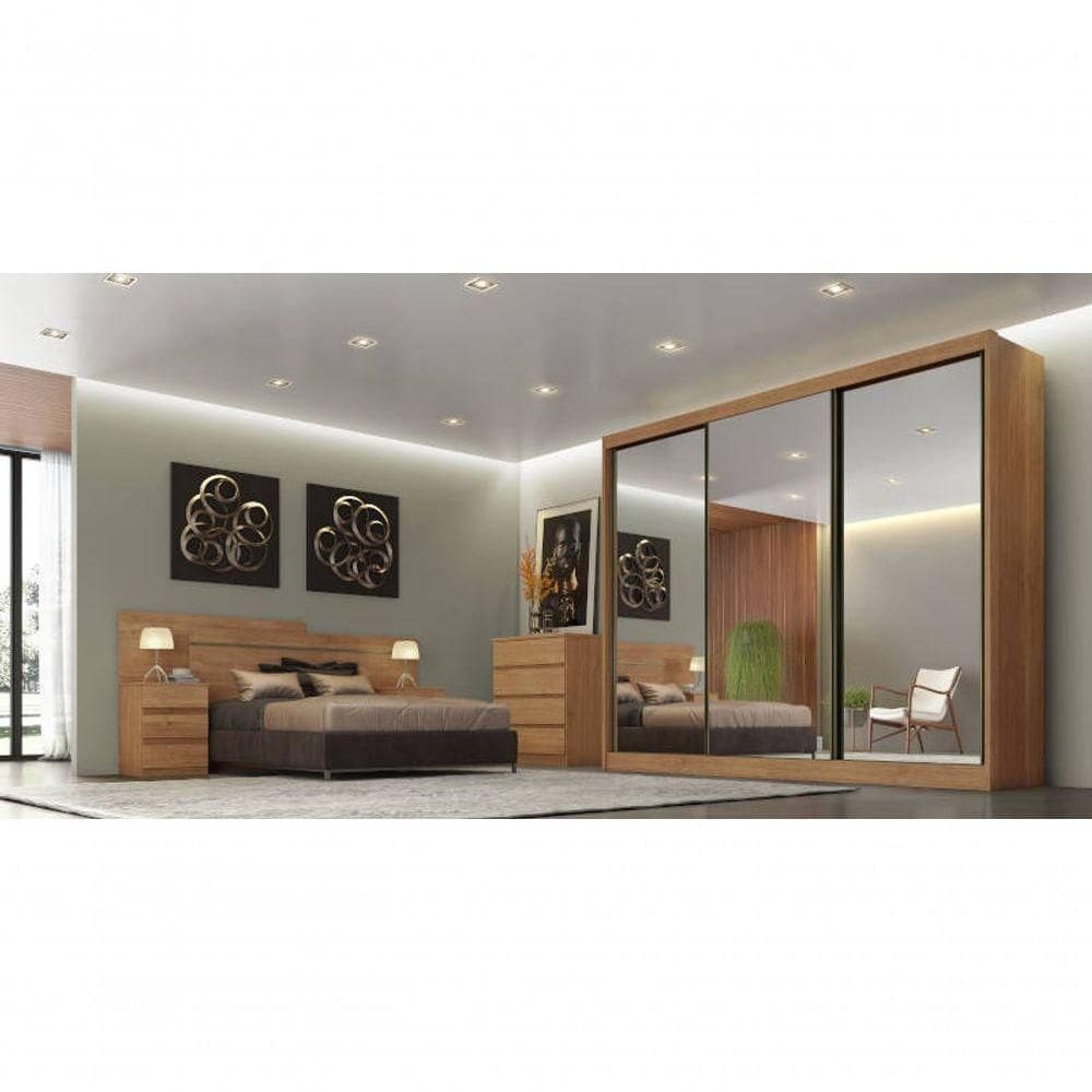 Guarda Roupa Casal Com Espelho 3 Portas De Correr 6 Gavetas Diamond-cumaru Móveis Novo Horizonte