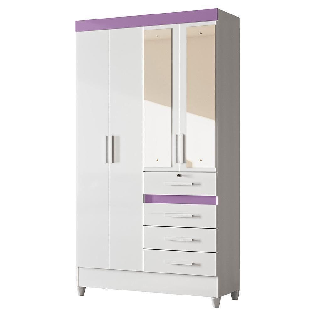 Guarda Roupa Solteiro Sobral 4 Portas E 4 Gavetas Flex Branco Lilás Com Espelho Moval Branco Lilás