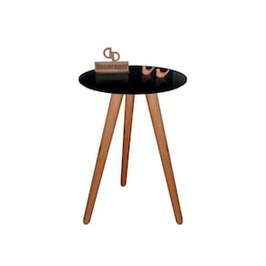 Mesa De Canto Pés Palito Amadeirado Com Tampo Vidro 45cm Preto 50cm