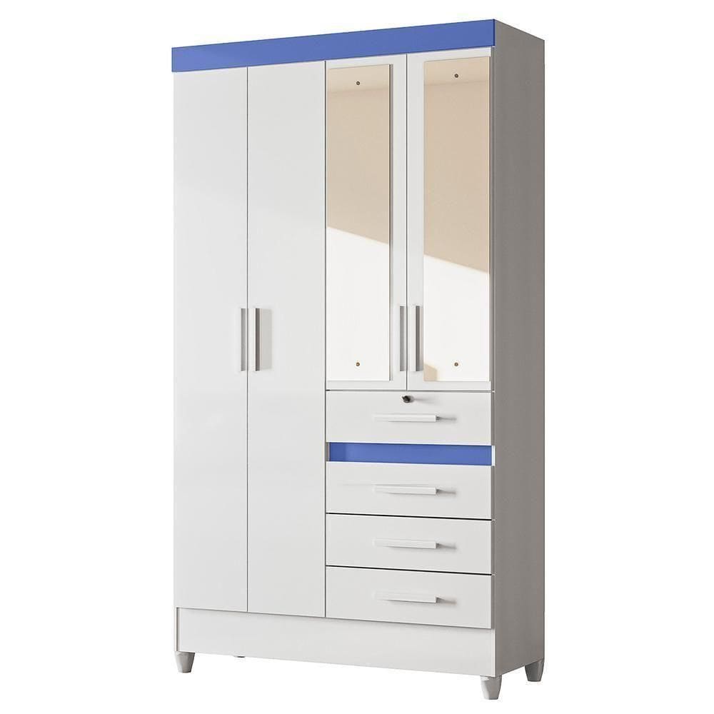 Guarda Roupa Solteiro Sobral 4 Portas E 4 Gavetas Flex Branco Azul Com Espelho Moval Branco Azul