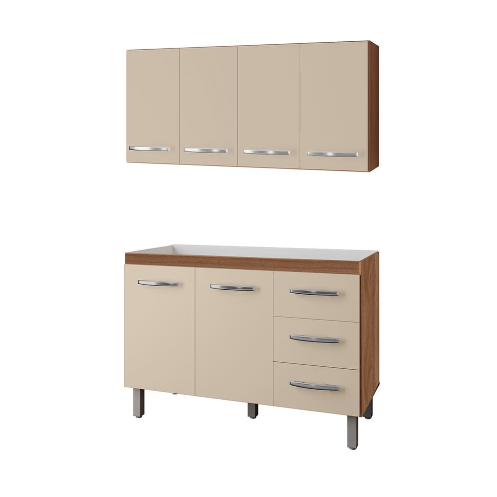 Kit Balcão Pia para Cozinha com Armário Aéreo 120cm Savana Off White Moblis