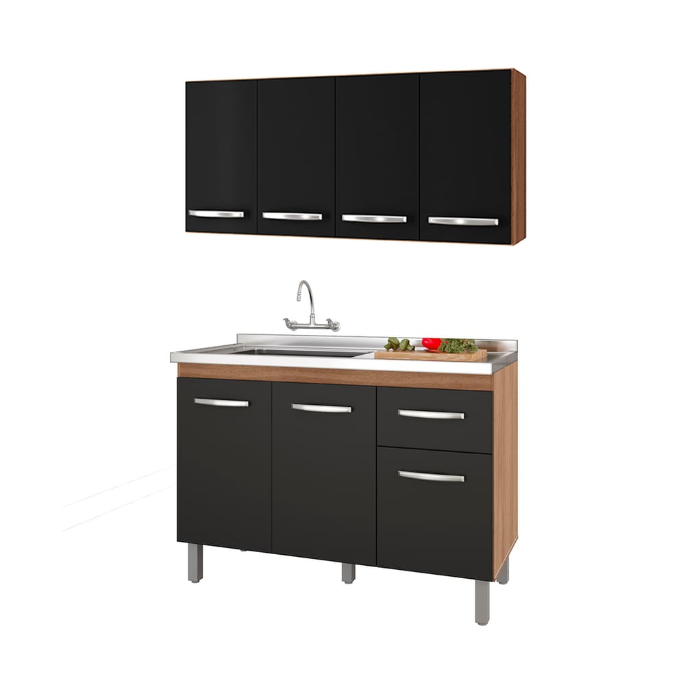 Kit Balcão Pia para Cozinha com Armário Aéreo 120cm Savana Preto Moblis