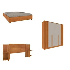 Quarto Casal Guarda-Roupa 6 portas Ripado Nova York e Cama Box Queen Mônaco com Cabeceira Ajustável Cinamomo/Off White