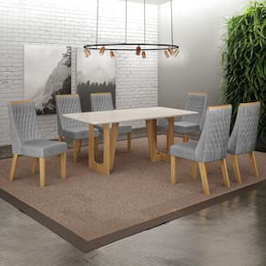 Conjunto Sala de Jantar Mesa 180cm Tampo de 2,5cm com 6 Cadeiras Luna Cinamomo/Off White/Prata Linho