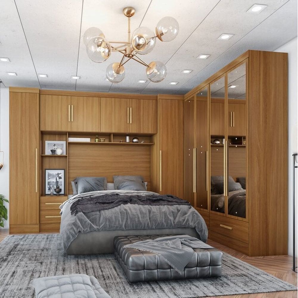Quarto De Casal Completo 5 Peças 6 Portas 4 Gavetas com Maleiro e Espelhos Smart Plus Cinamomo