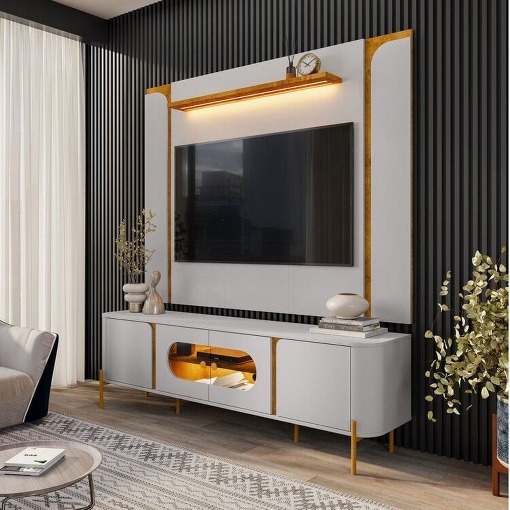Painel Maresias com Rack Juquehy com Led Off-White/Naturalle