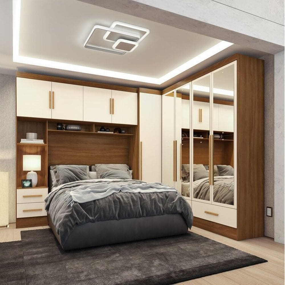 Quarto Modulado Casal Completo 4 Peças 5 Portas 4 Gavetas com Maleiro e Espelhos Smart Plus Cinamomo Off/White