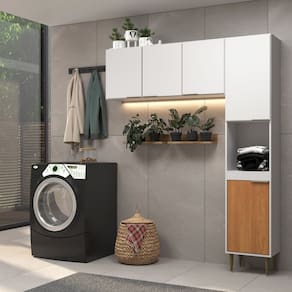 Lavanderia Modulada 2 Peças Jade 150cm Aéreo 3 Portas 120 cm Torre Multiuso 30 cm Branco/ Xingu