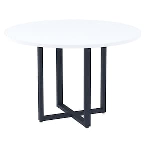Mesa de Reunião Redonda P25 Pandin 110 cm (Largura) Tampo MDP Branco Pé Aço Tubular Azul Del Rey
