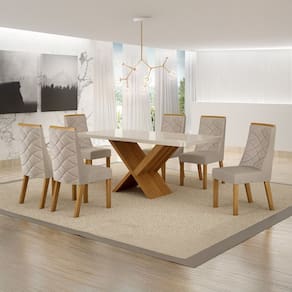 Conjunto Sala de Jantar Mesa 180cm Tampo de 4,0cm com 6 Cadeiras Aurora Cinamomo/Off White/Bege