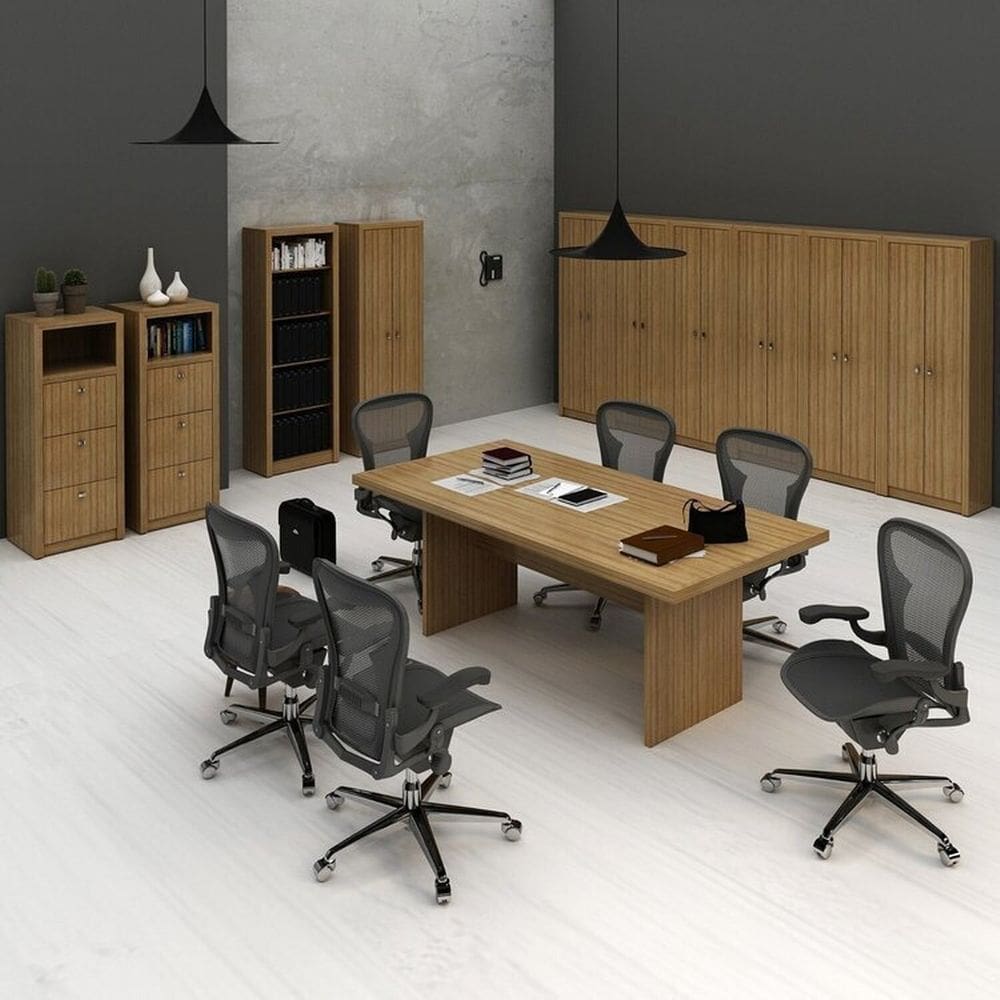 Conjunto 1 Mesa de Reunião 7 Armários com Portas 1 Estante e 2 Gaveteiros Amendoa