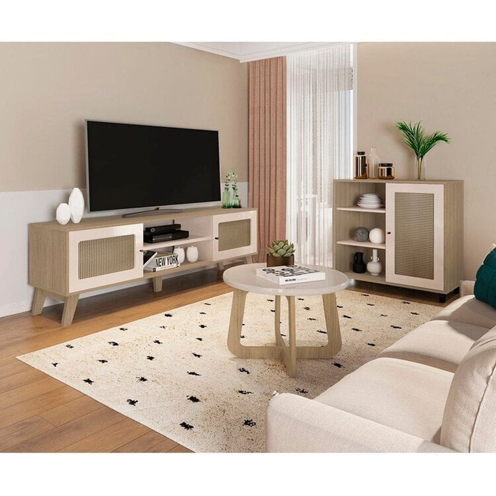 Kit para Sala de Estar Rack e Buffet e Mesa de Centro Charlotte Carvalho/Off White