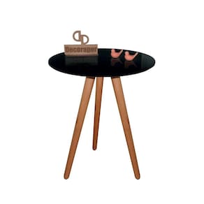 Mesa De Canto Pés Palito Amadeirado Com Tampo Vidro 70cm Preto 70cm