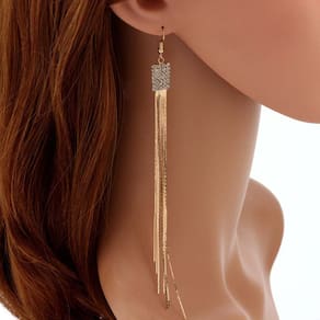 Brinco Feminino Franja Longo Fino Luxo Strass Festas Dourado