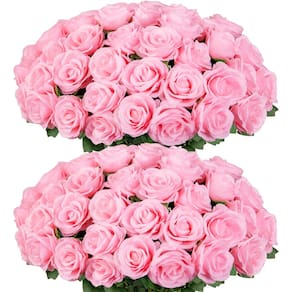Flores artificiais Ouddy Decor, 50 unidades de rosas cor de rosa com caules longos