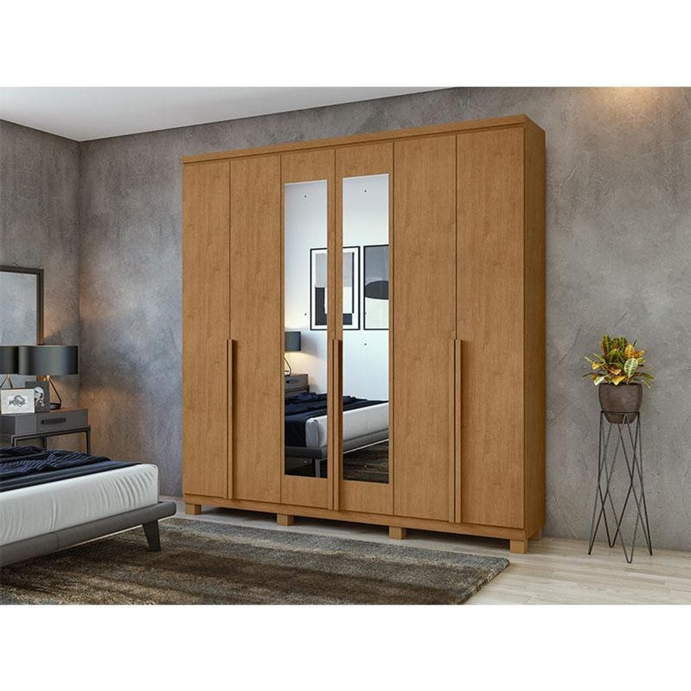 Guarda Roupa Casal Ambiente Alonzo 6 Portas Amêndoa Clean com Espelho e Pés - Lopas