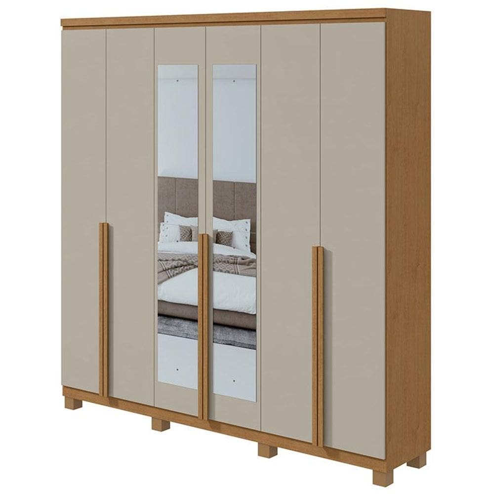 Guarda Roupa Casal Alonzo 6 Portas Amêndoa Clean Off White com Espelho e Pés - Lopas