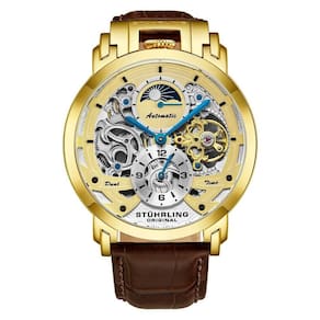 Relgio Automtico Menai 906, Mostrador Dourado 47mm, Pulseira de Couro Marrom com Fivela em Camadas Douradas - Stuhrling.