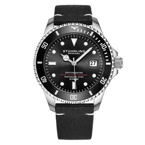 Relgio suo automtico Depthmaster 883, 42mm, mostrador preto/prata, pulseira de couro preta prova d`gua - Stuhrling.