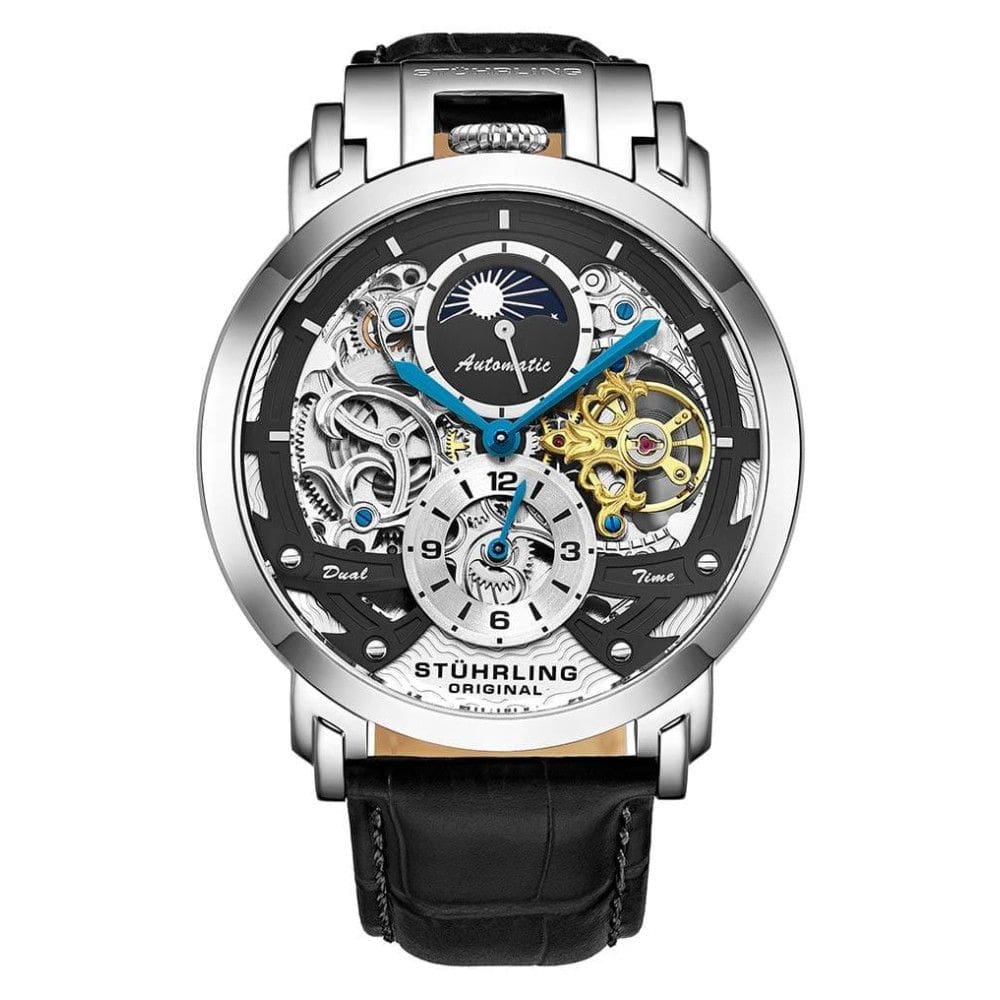 Relgio Automtico Menai 906, Mostrador Preto 47mm, Pulseira de Couro Preta e Fivela de Prata Tang - Stuhrling