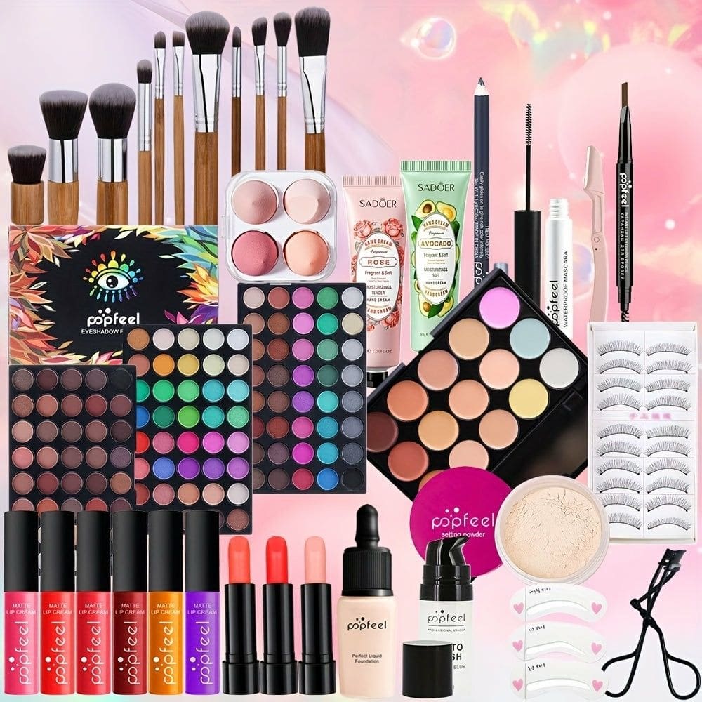 Kit de Maquiagem POPFEEL Pinceis, Paleta de Sombras e Batons