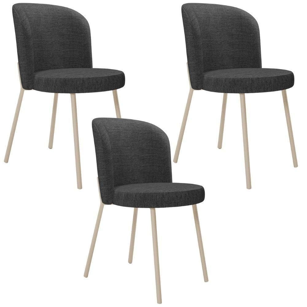 Kit 3 Cadeiras Sala De Jantar Estofada Gavi Arena L02 Linho Cinza Escuro Lyam Decor