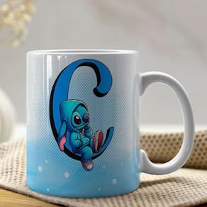 Caneca De Porcelana Stitch Letras A-z 325ml Azul C