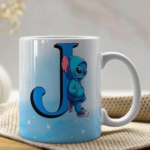 Caneca De Porcelana Stitch Letras A-z 325ml Azul J