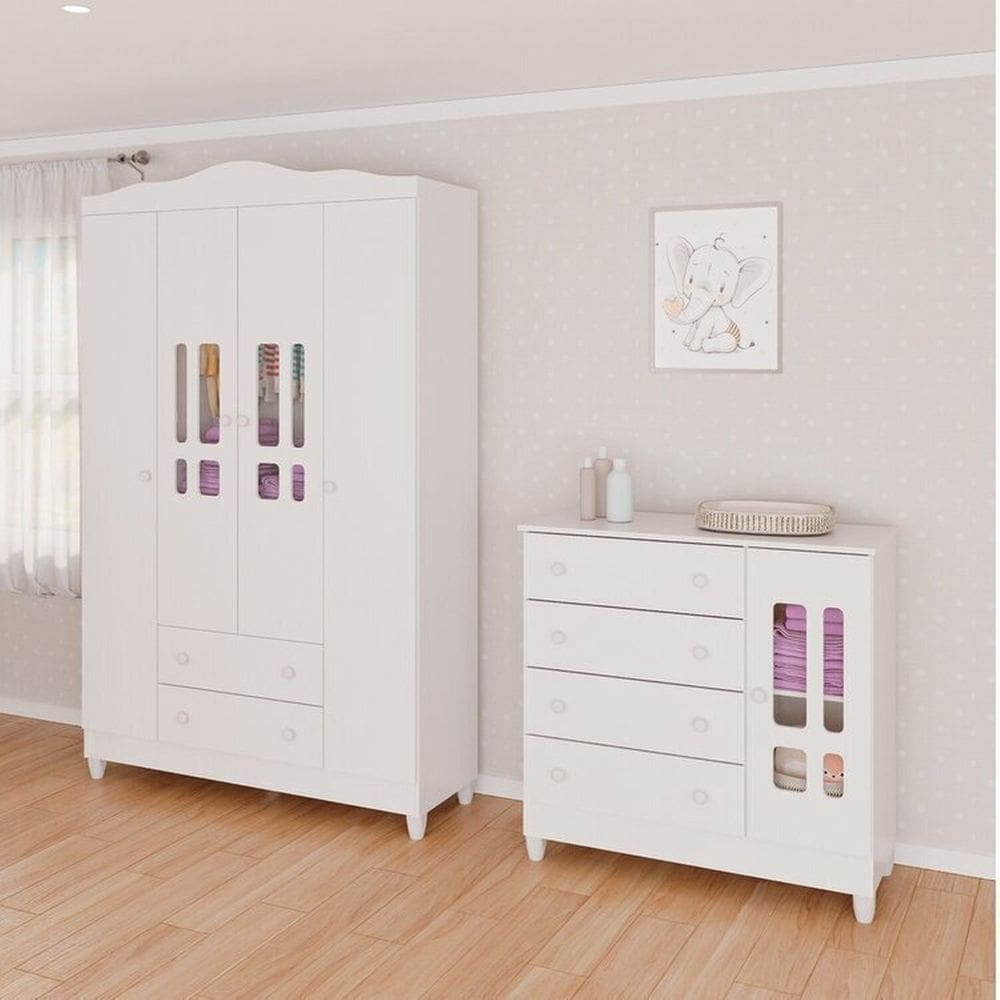 Conjunto de Quarto Infantil 1 Cômoda 4 Gavetas 1 Guarda-Roupa de Bebê 4 Portas e 2 Gavetas Ariel Branco