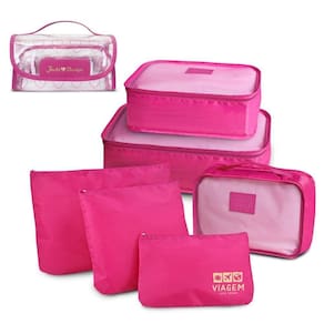 Kit Organizador De Malas 6 Peças + Necessaire Rocambole Pink