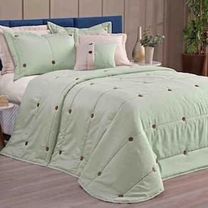 Kit Cobre Leito Colcha Splendore King 07 Peças Bordado Botão 200 Fios Verde 100% Poliéster