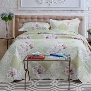 Kit Cobre Leito Colcha Daily King 3 Peças Dupla Face Estampado Floral Patchwork Verde 8 100% Poliéster