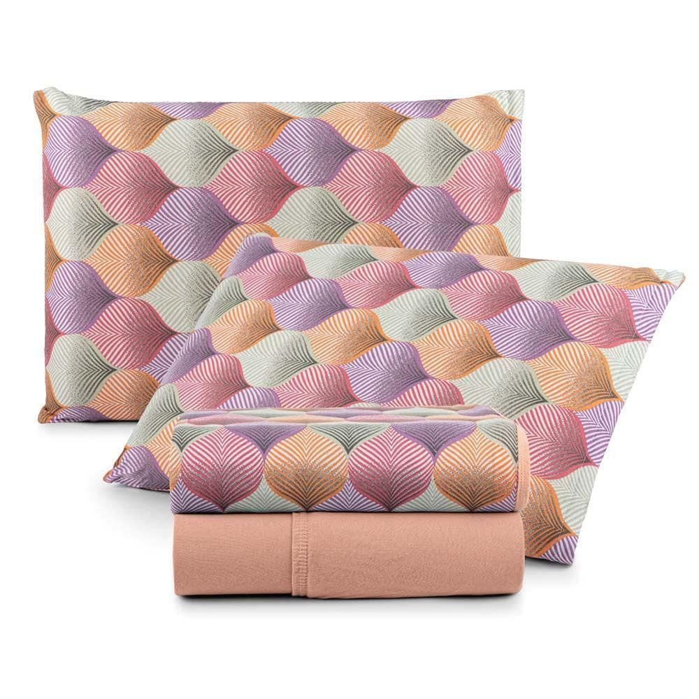 Jogo De Lençol Luar Casal 4 Peças Malha 100% Algodão Estampado Salmão Geométrico