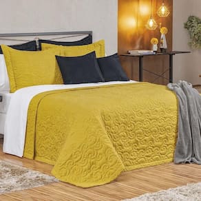 Kit Cobre Leito Colcha Mabelle Queen 3 Peças 400 Fios Bordado Mostarda