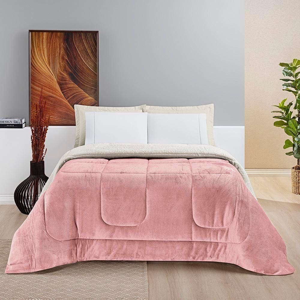 Coberdrom Diamond Casal King Sherpa Com Manta Flannel 01 Peça Rosa 100% Poliéster