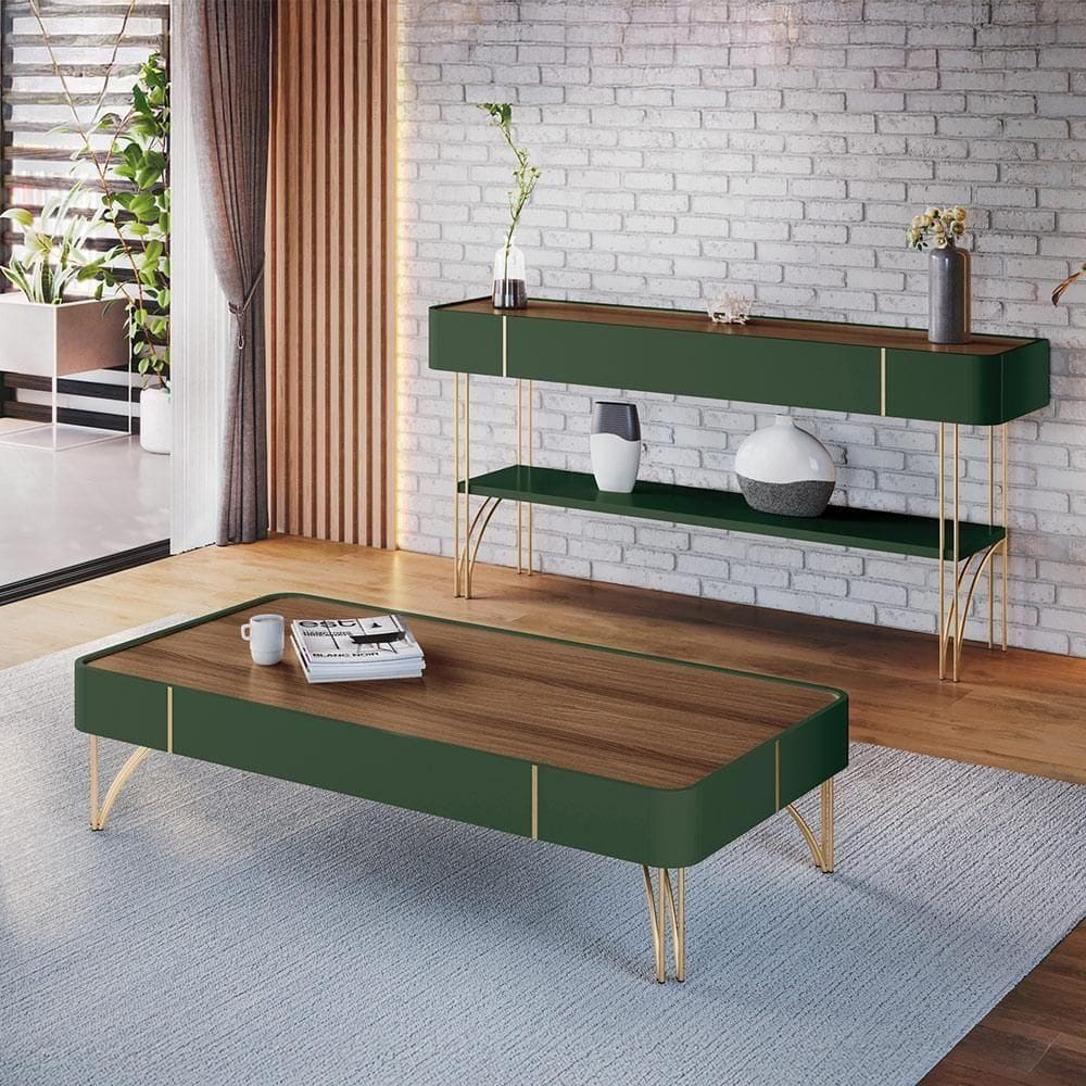 Conjunto Decorativo Aparador E Mesa De Centro Rennes Verde Pistache/castanho G26 - Gran Belo