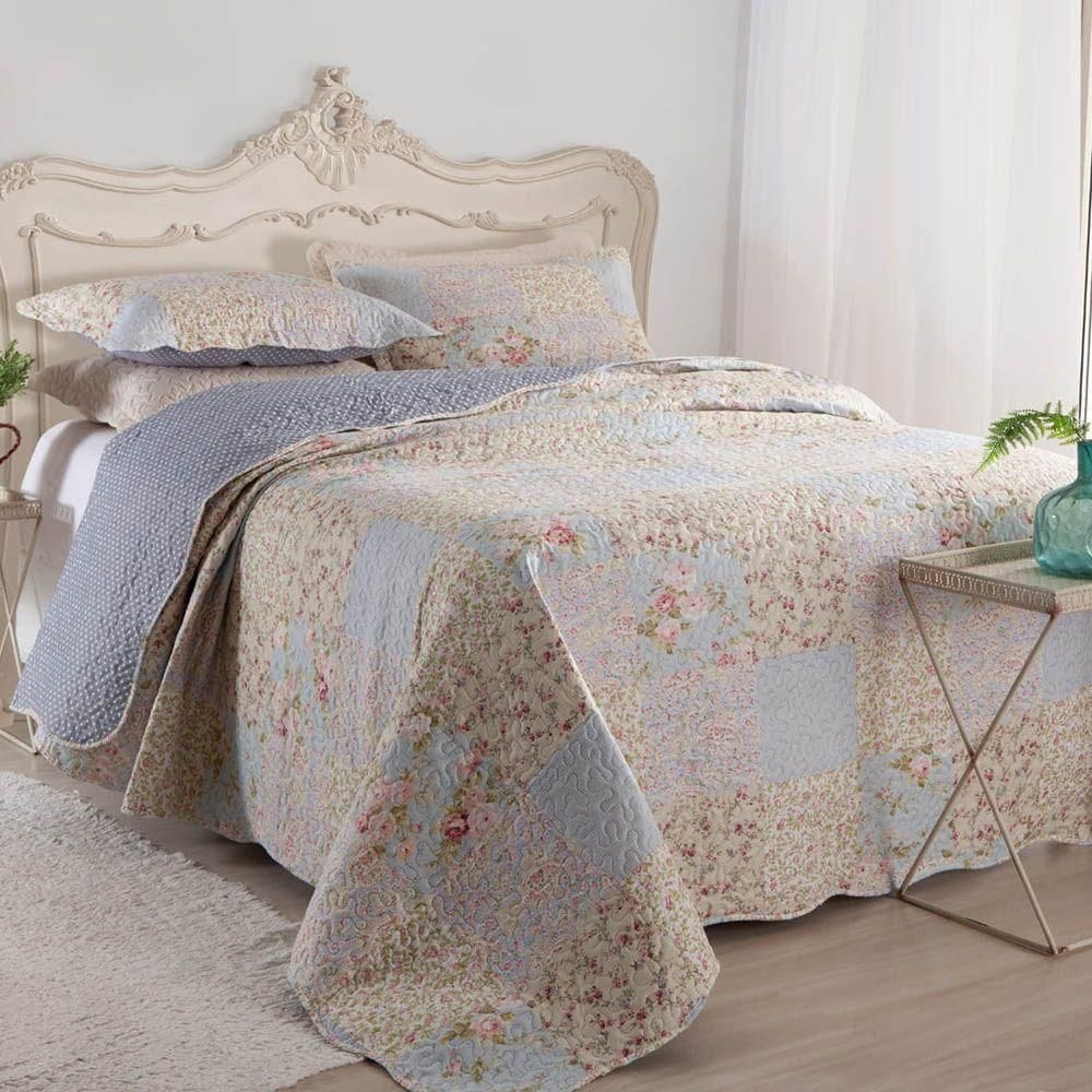 Kit Cobre Leito Colcha Daily Casal 3 Peças Dupla Face Estampado Floral Patchwork 14 100% Poliéster
