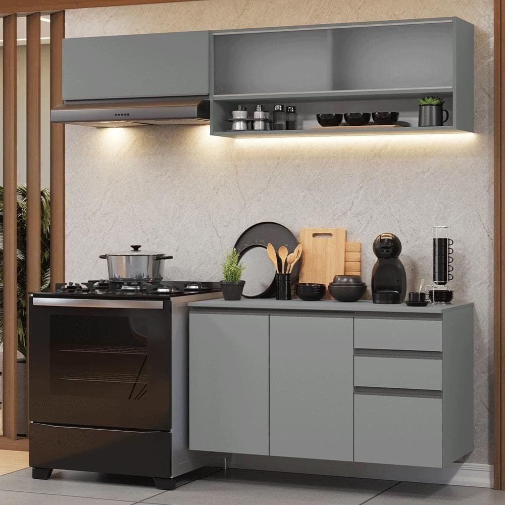 Armário De Cozinha Compacta Suspenso 200cm Nice Madesa 11 Cinza
