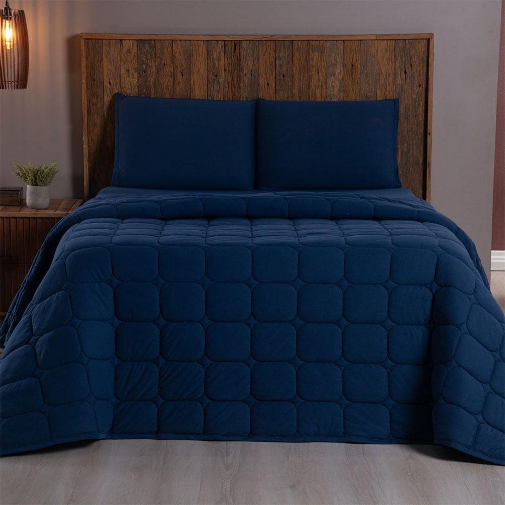 Kit Cobre Leito Colcha Minimal Casal 3 Peças Malha 100% Algodão Azul Marinho