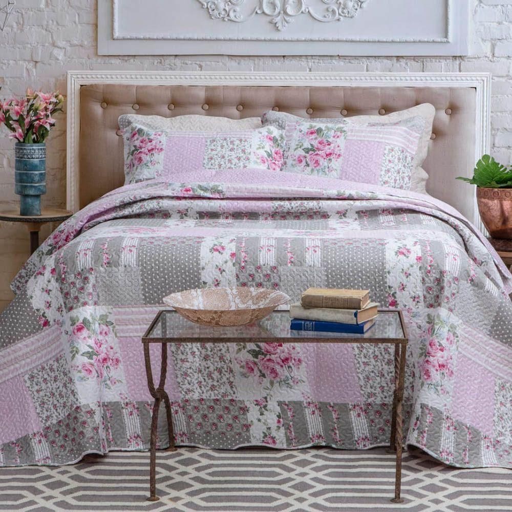 Kit Cobre Leito Colcha Daily Casal 3 Peças Dupla Face Estampado Floral Patchwork 13 100% Poliéster