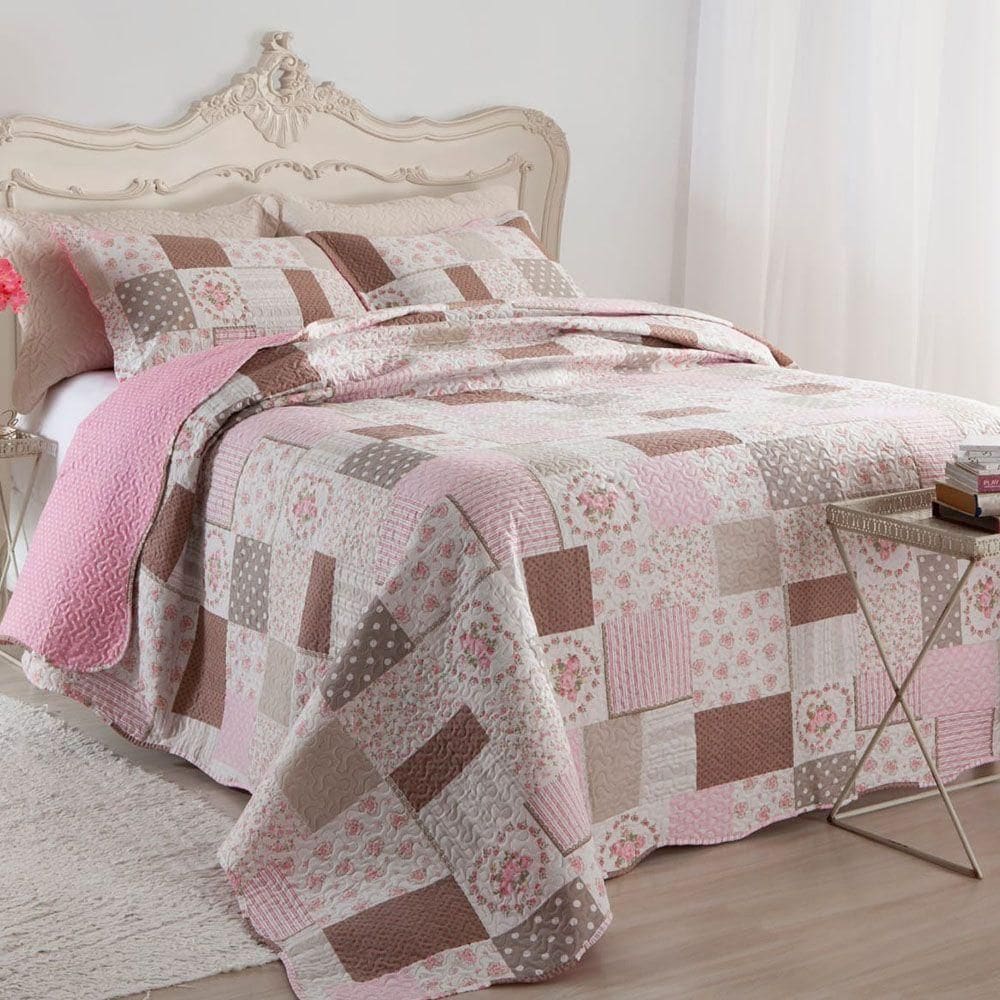 Kit Cobre Leito Colcha Daily Casal 3 Peças Dupla Face Estampado Floral Patchwork 12 100% Poliéster