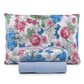 Jogo De Lençol Luar Solteiro 3 Peças Malha 100% Algodão Estampado Azul Floral