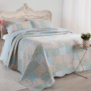 Kit Cobre Leito Colcha Daily King 3 Peças Dupla Face Estampado Floral Patchwork Azul 10 100% Poliéster