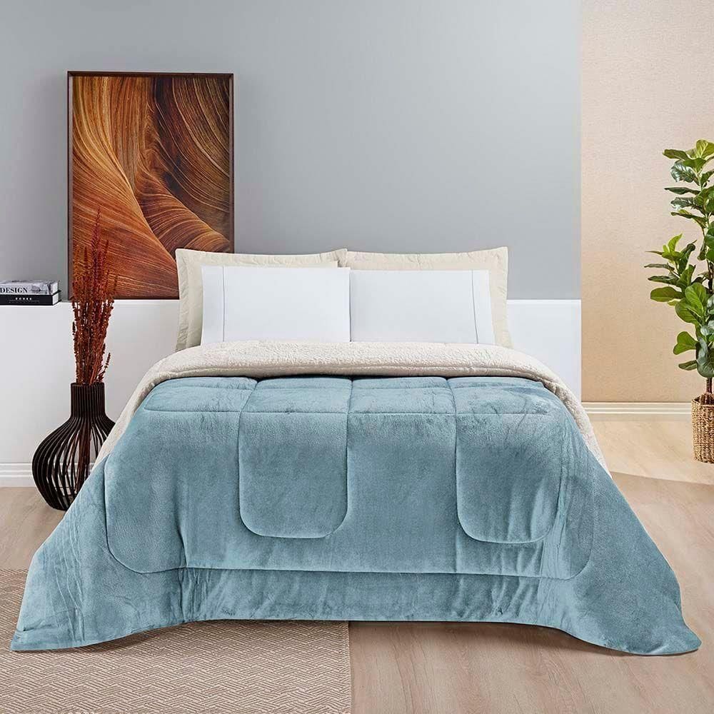 Coberdrom Diamond Casal King Sherpa Com Manta Flannel 01 Peça Azul Quartzo 100% Poliéster