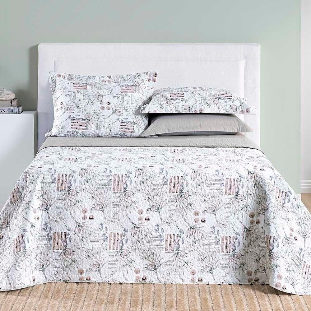 Kit Cobre Leito Colcha Maggy Queen 3 Peças Dupla Face Percale 200 Fios Protea Floral Cinza