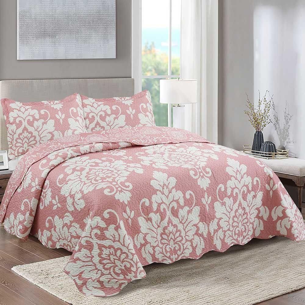 Kit Cobre Leito Colcha Daily Queen 3 Peças Dupla Face Estampado Floral Rubi Floral 100% Poliéster