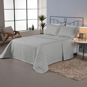Kit Cobre Leito Colcha Dual Queen 3 Peças Matelado Dupla Face Liso Cinza 100% Poliéster