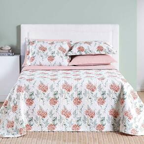 Kit Cobre Leito Colcha Maggy Queen 3 Peças Dupla Face Percale 200 Fios Hortencia Floral Rosa