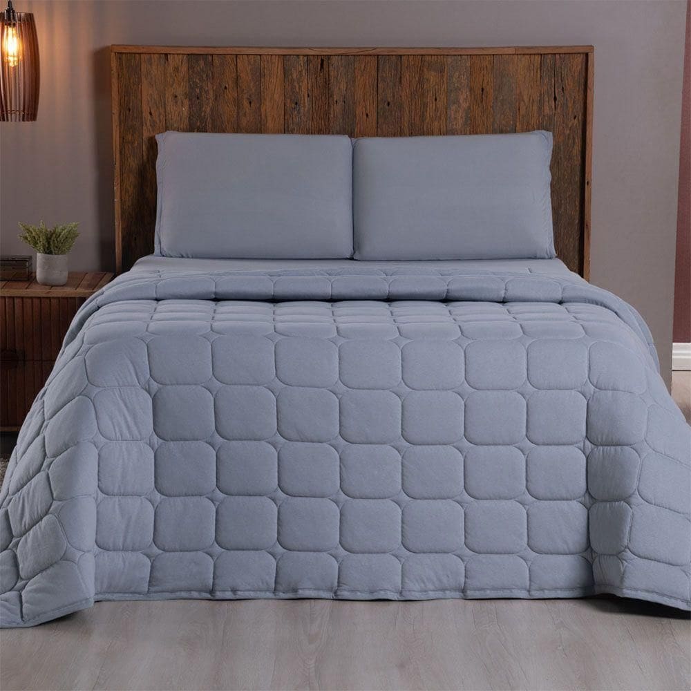 Kit Cobre Leito Colcha Minimal Casal 3 Peças Malha 100% Algodão Cinza