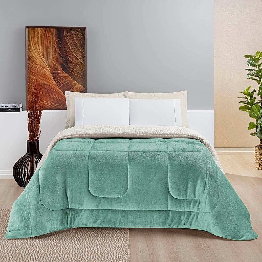 Coberdrom Diamond Casal Queen Sherpa Com Manta Flannel 01 Peça Verde Alecrim 100% Poliéster